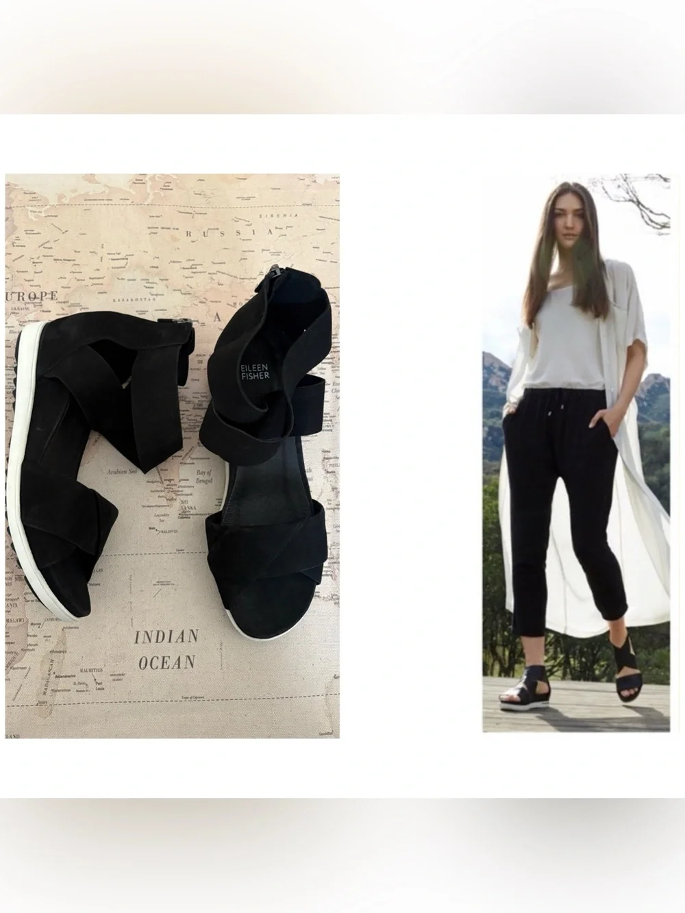 EILEEN FISHER Viv Tumbled Nubuck Wedge Sandal Size 9 NWOB Black